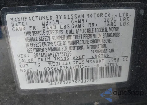 2019 Nissan Sentra S z USA, uszkodzony, nr VIN 3N1AB7AP7KY337229